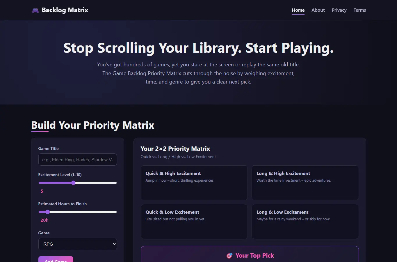 Screenshot of Game Backlog Priority Matrix interface showing the project page in use